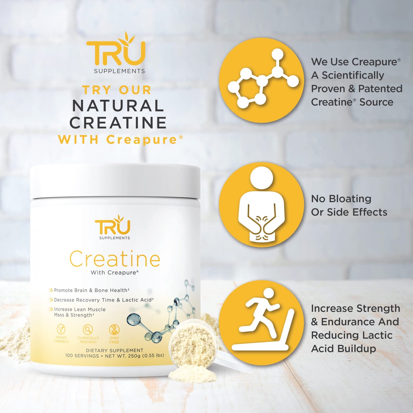 TRU Supplements Creatine | 100% Pure Patented Creapure | Increase Strength & Boost Stamina | Build Lean Muscle with Zero Water Retention or Bloating | Clinically Tested and Safe | 100 Servings