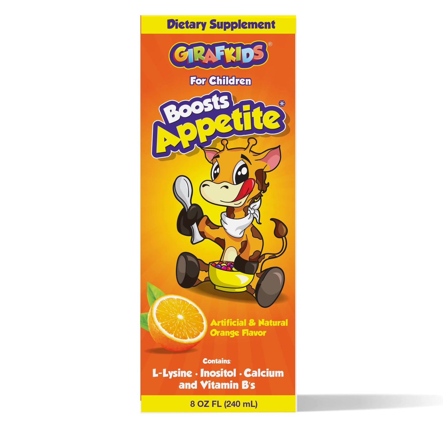 PHARMADEL GirafKids Appetite Booster Syrup for Kids Ages 4+ | 8 Fl Oz Natural Supplement with L-Lysine, Inositol, Calcium & Vitamins | Orange Flavor | Promotes Healthy Appetite & Energy