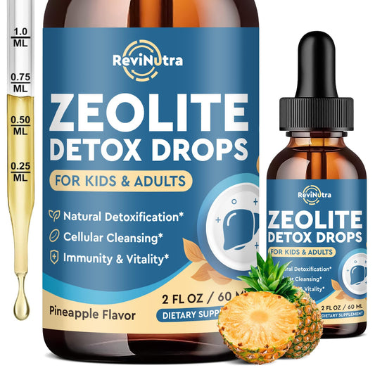 ReviNutra Zeolite Detox for Kids and Adults, Zeolite Clinoptilolite Liquid Drops with Chlorella, Magnesium, Zinc, Methy Vitamin B12 & D3, Gut Liver Detox Cleanse, Immunity, Pineapple Flavor 2 Fl Oz