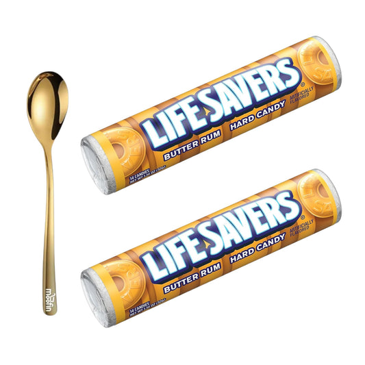 Hard Candy 114 Oz Butter Rum Lifesavers Candy with Moofin Golden SS Spoon Ideal for Snacking  Sharing Rich Flavor Easter Baskets Christmas Stockings Butter Rum Candy Pack of 2