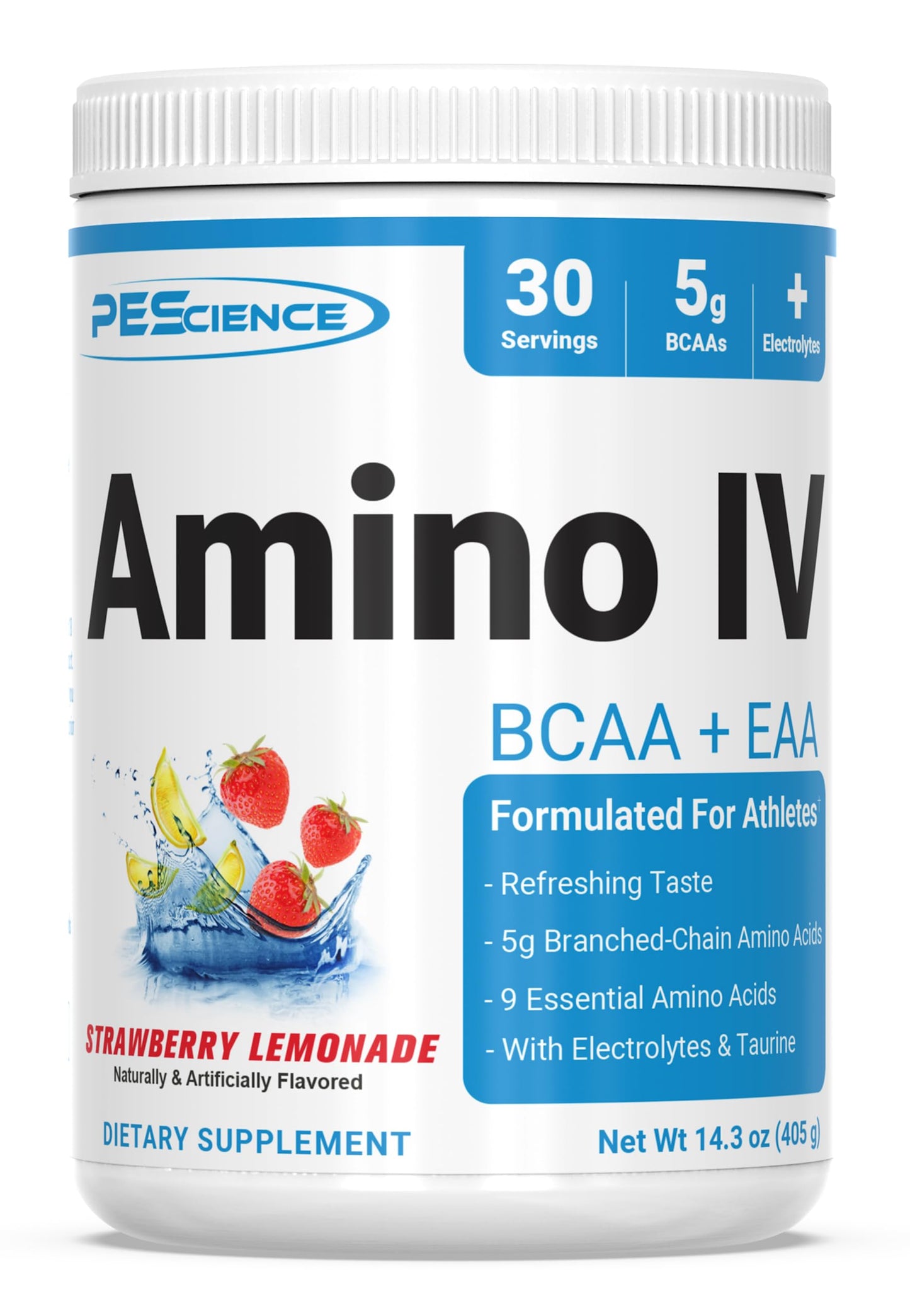PEScience Amino IV BCAA & EAA Powder, Strawberry Lemonade, 60 Scoop, Essential Amino Acids, Taurine, Electrolytes for Hydration and Muscle Recovery, Sugar Free for Men & Women, Post Workout