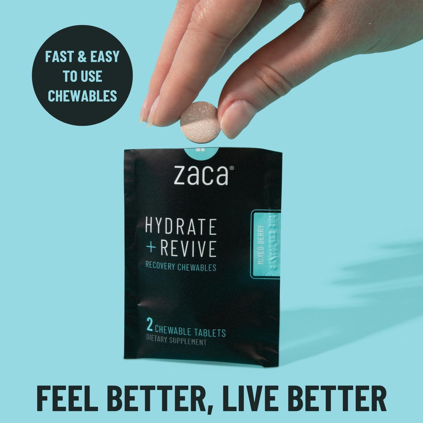 Zaca Recovery Chewable Supplement | Hydrate + Revive | Party, Travel, Exercise & Altitude | Sugar Free & Gluten Free | Mixed Berry, 6 Packets = 12 Tablets