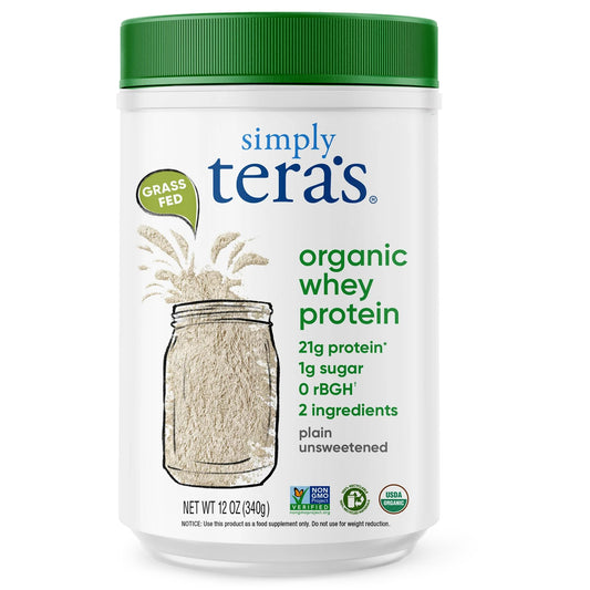 Simply Tera's Organic Whey Protein Powder - Grass Fed Whey Protein Powder Without Artificial Sweeteners, Unflavored Protein Powder, Non-GMO, Kosher, Gluten-Free - Plain Unsweetened 12 Oz