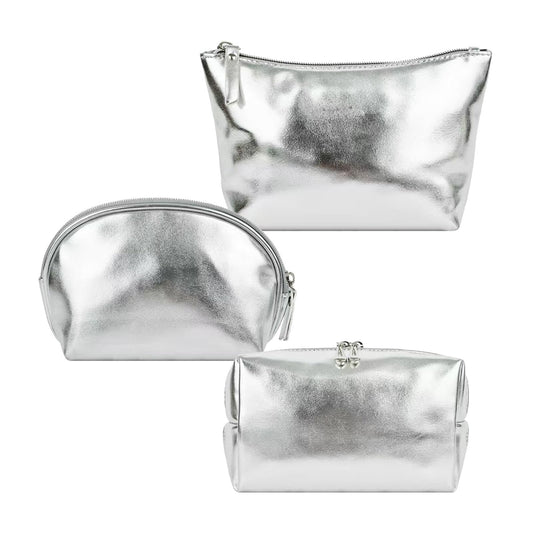 Kornnapa 3pcs Make up Bag Set Travel Makeup Bags for Women Leather Cosmetic Bag Toiletry Organizer Bag Personalized Makeup Pouch Skincare Bag Silver