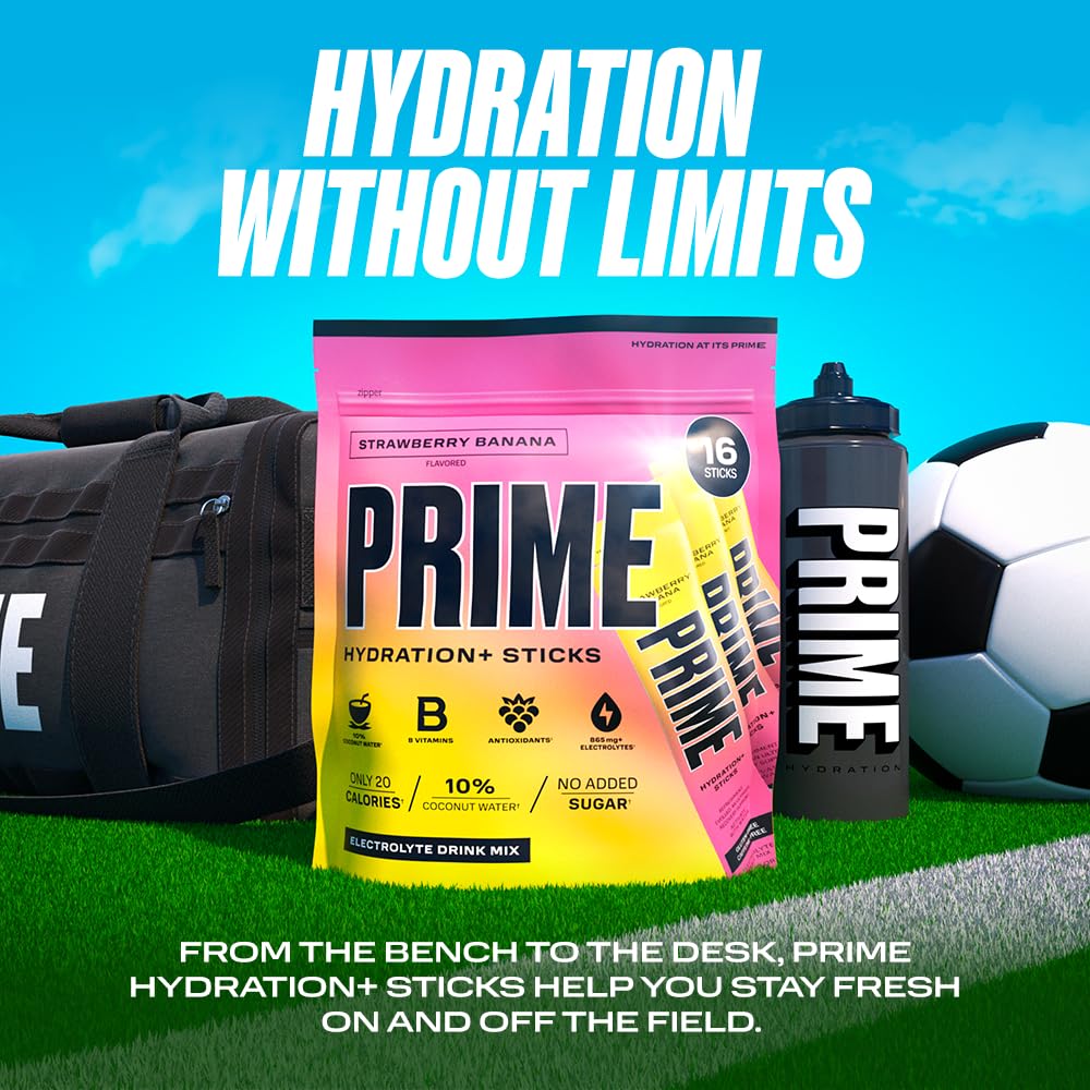 PRIME HYDRATION+ Sticks Strawberry Banana | Hydration Powder Single Serve Sticks | Electrolyte Powder On The Go | Low Sugar | Caffeine-Free | Vegan | 16 Sticks