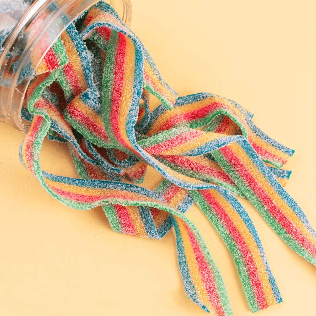 Candy Club Gourmet Gummy Rainbow Sour Belts Vegan Sweet and Chewy Fruit Strips for Gifts Parties Snacks Candy Buffets etc  5oz Jar