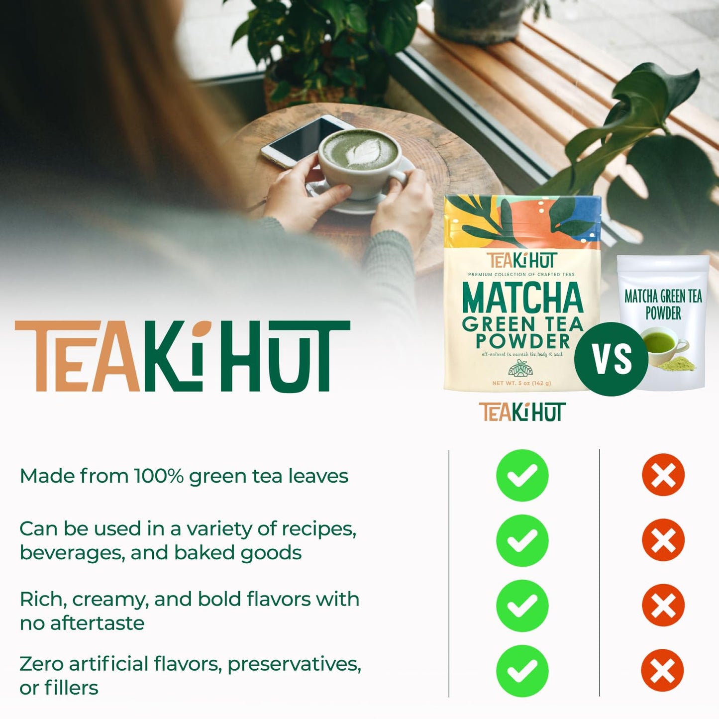 TEAki Hut Organic Matcha Green Tea Powder 5 oz Refreshing Matcha Green Tea Powder for Baking and Cooking Unsweetened and Delicious Pure Matcha Powder for Smoothies Latte Hot and Cold Drinks