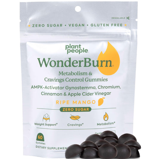Plant People WonderBurn Metabolism & Cravings Control Gummies, Zero Sugar, Ripe Mango Flavor (60 Count)