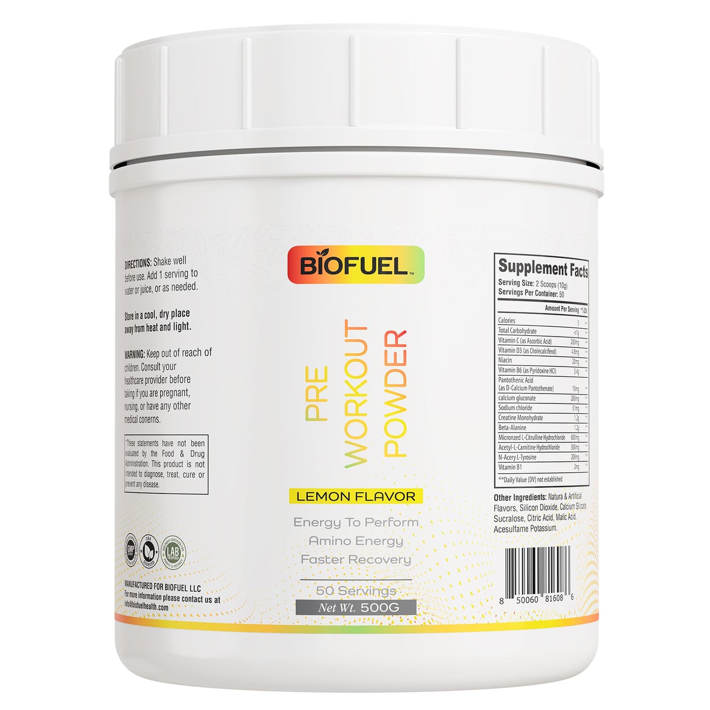 Biofuel Pre-Workout Powder - Enhances Amino Energy, Workout Performance, and Recovery - Natural Lemon Flavor, 500g, 50 Servings