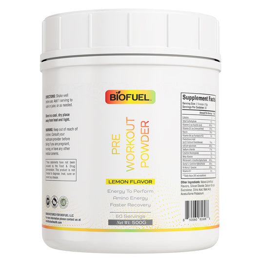 Biofuel Pre-Workout Powder - Enhances Amino Energy, Workout Performance, and Recovery - Natural Lemon Flavor, 500g, 50 Servings