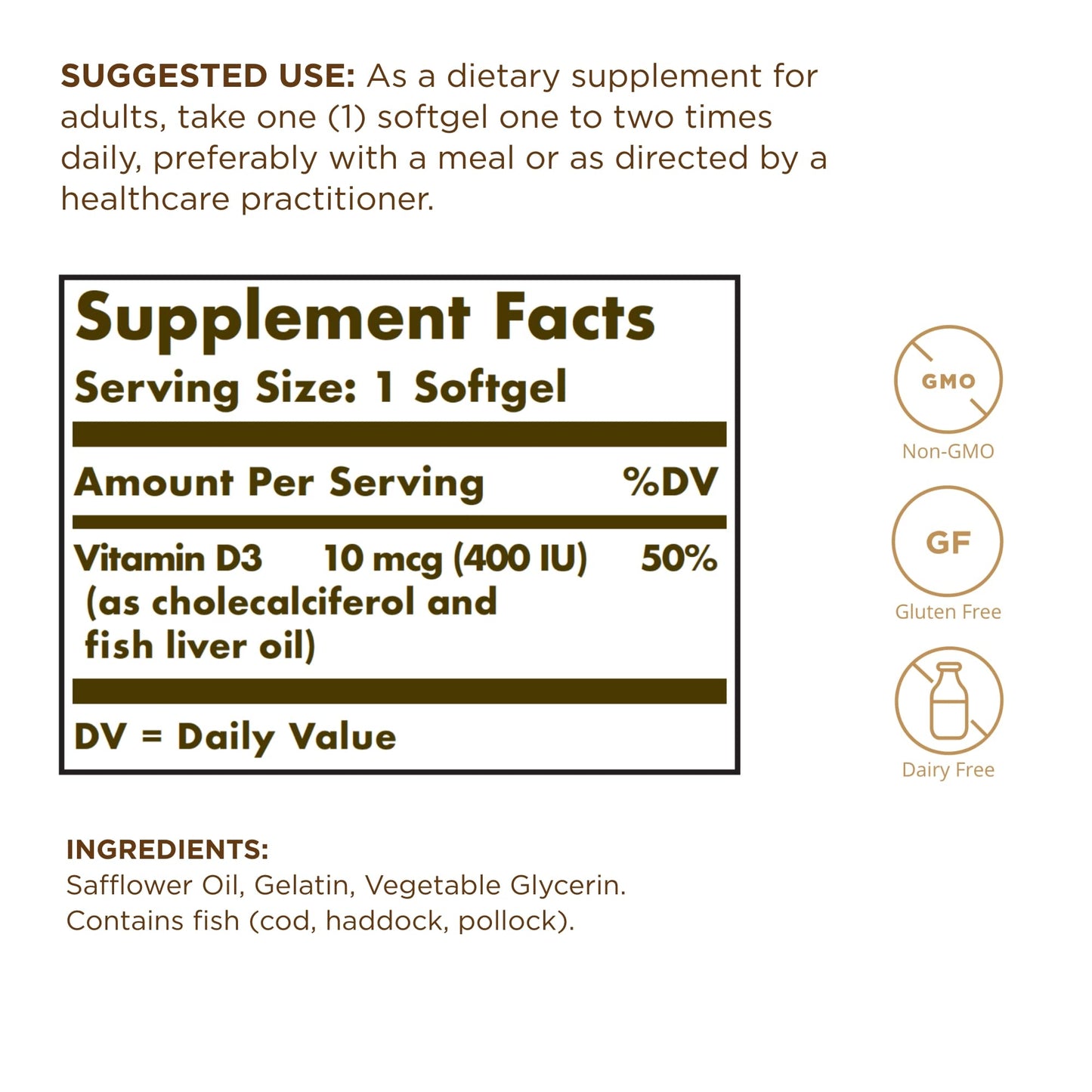 Solgar Vitamin D3 (Cholecalciferol) 10 MCG (400 IU), 250 Softgels - Helps Maintain Healthy Bones & Teeth - Immune System Support - Non-GMO, Gluten Free, Dairy Free - 250 Servings