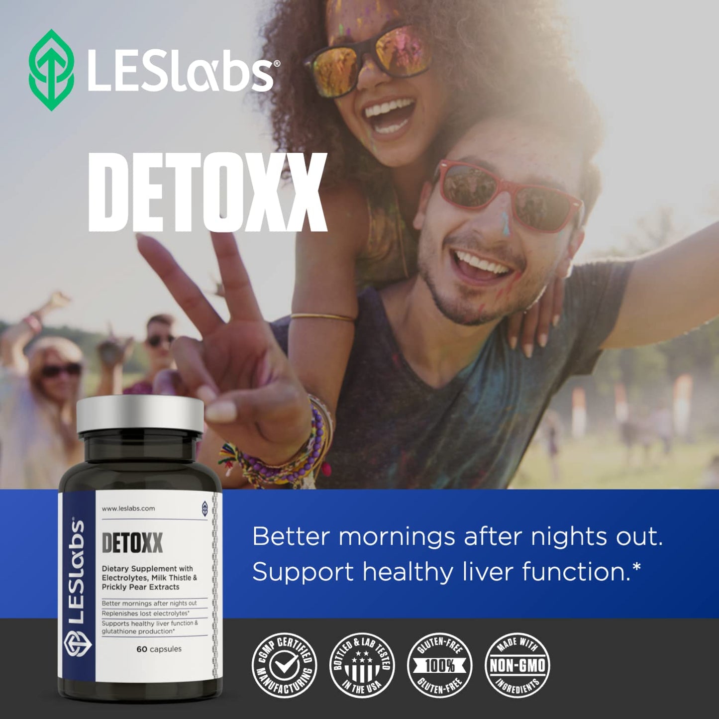 LES Labs DeToxx - Better Mornings & Recovery, Liver Support, Electrolyte Replenishment & Glutathione Support - Prickly Pear, Milk Thistle & NAC - Non-GMO Supplement - 60 Capsules