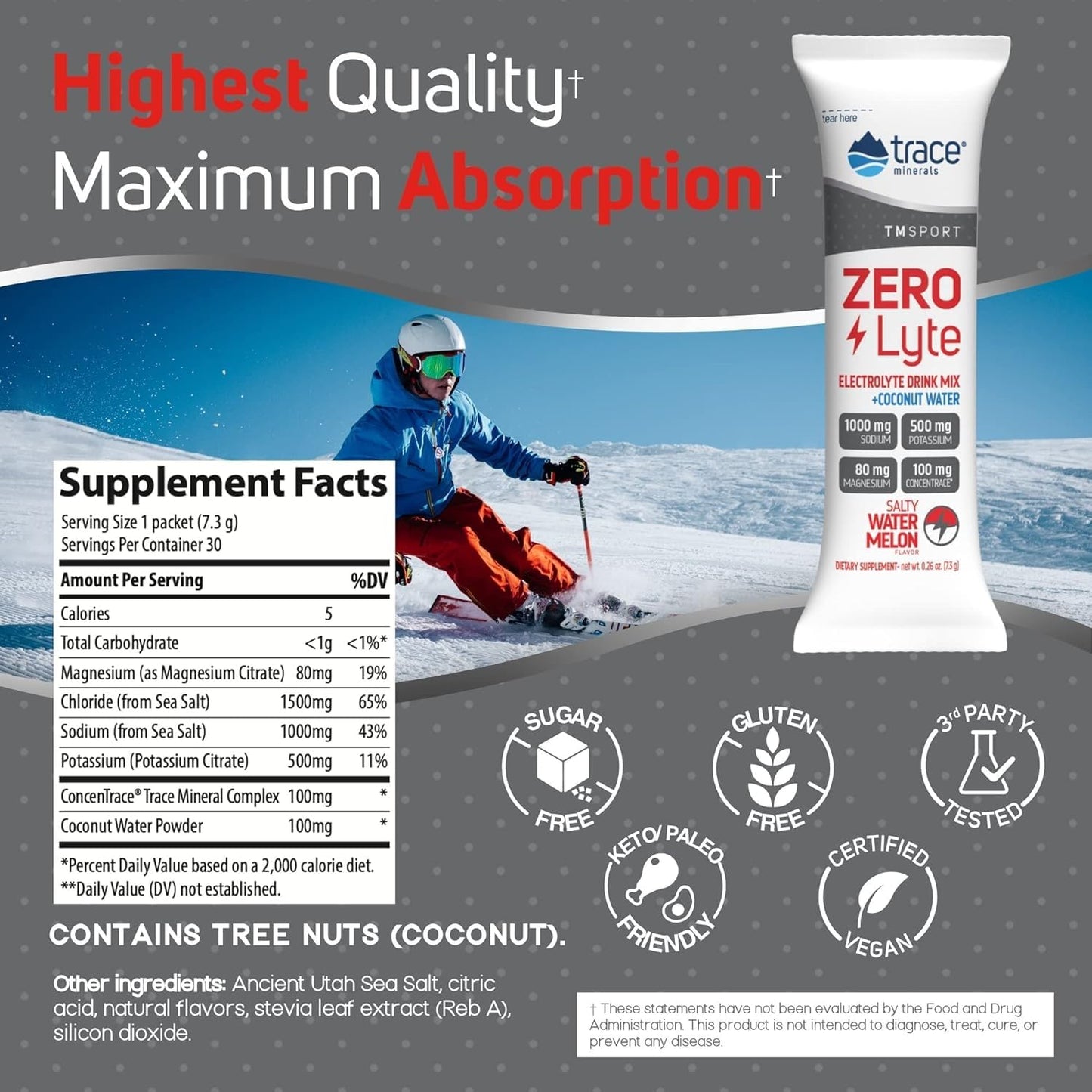 Trace Minerals ZeroLyte - Sodium & Electrolyte Replenishment - Energy & Hydration Support Drink Powder - Nerve & Muscle Function Support - Salty Watermelon, 30 Packets (30 Servings)