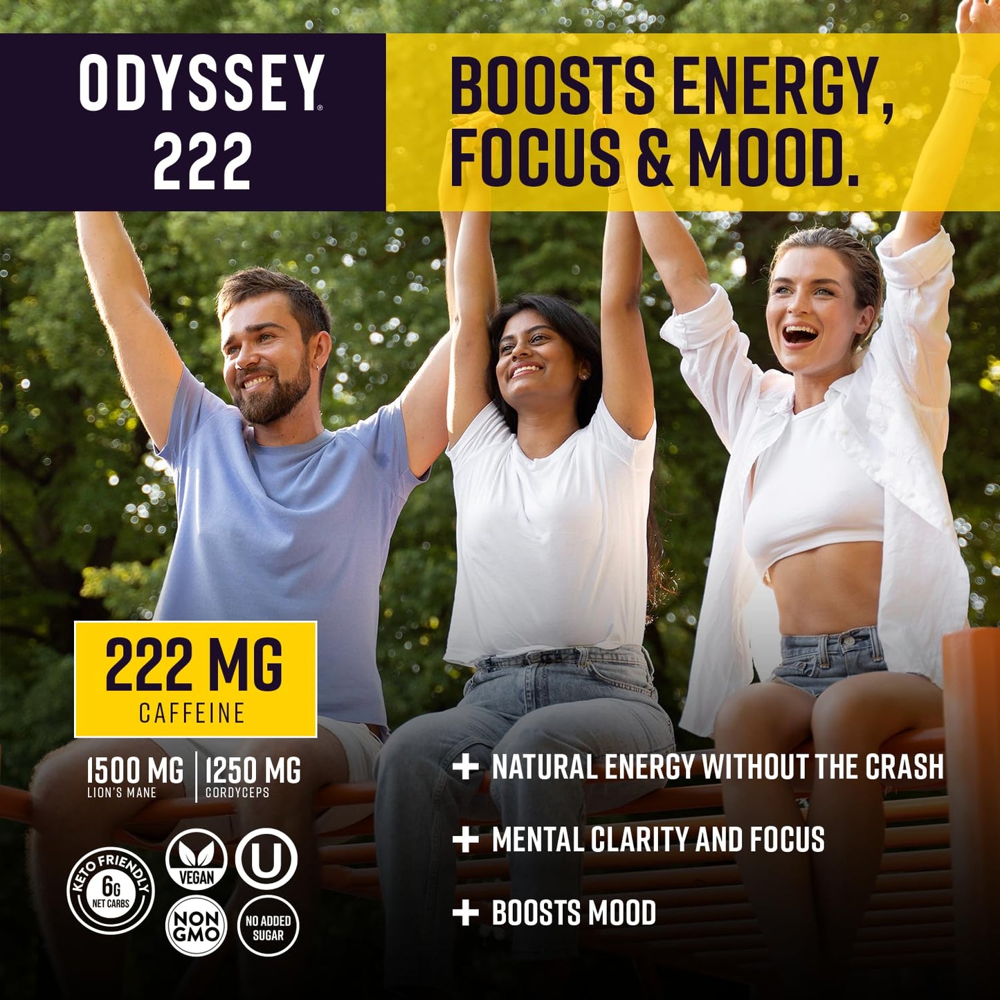 Odyssey Elixir  Odyssey 222  Sparkling Energy Drink  222 mg of Caffeine  Lions Mane  Cordyceps  Energy  Focus  Endurance  Stamina  Nootropic  Pre Workout  Pineapple Mango