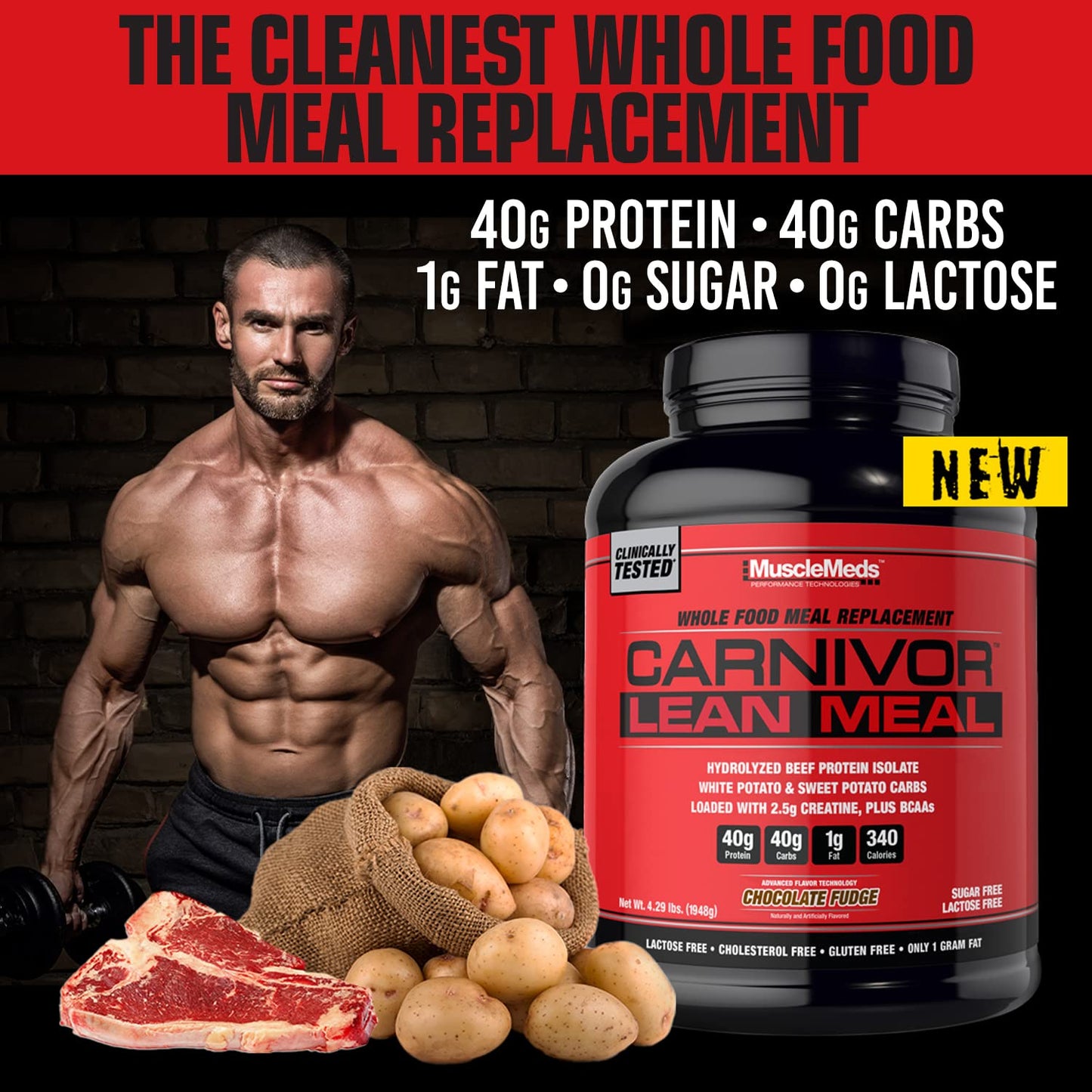 MuscleMeds CARNIVOR LEAN MEAL whole food meal replacement shake, MRE, beef protein isolate, white potato, sweet potato, 40g protein, 40 g carbs, lactose free, sugar free, Chocolate Fudge 20 servings