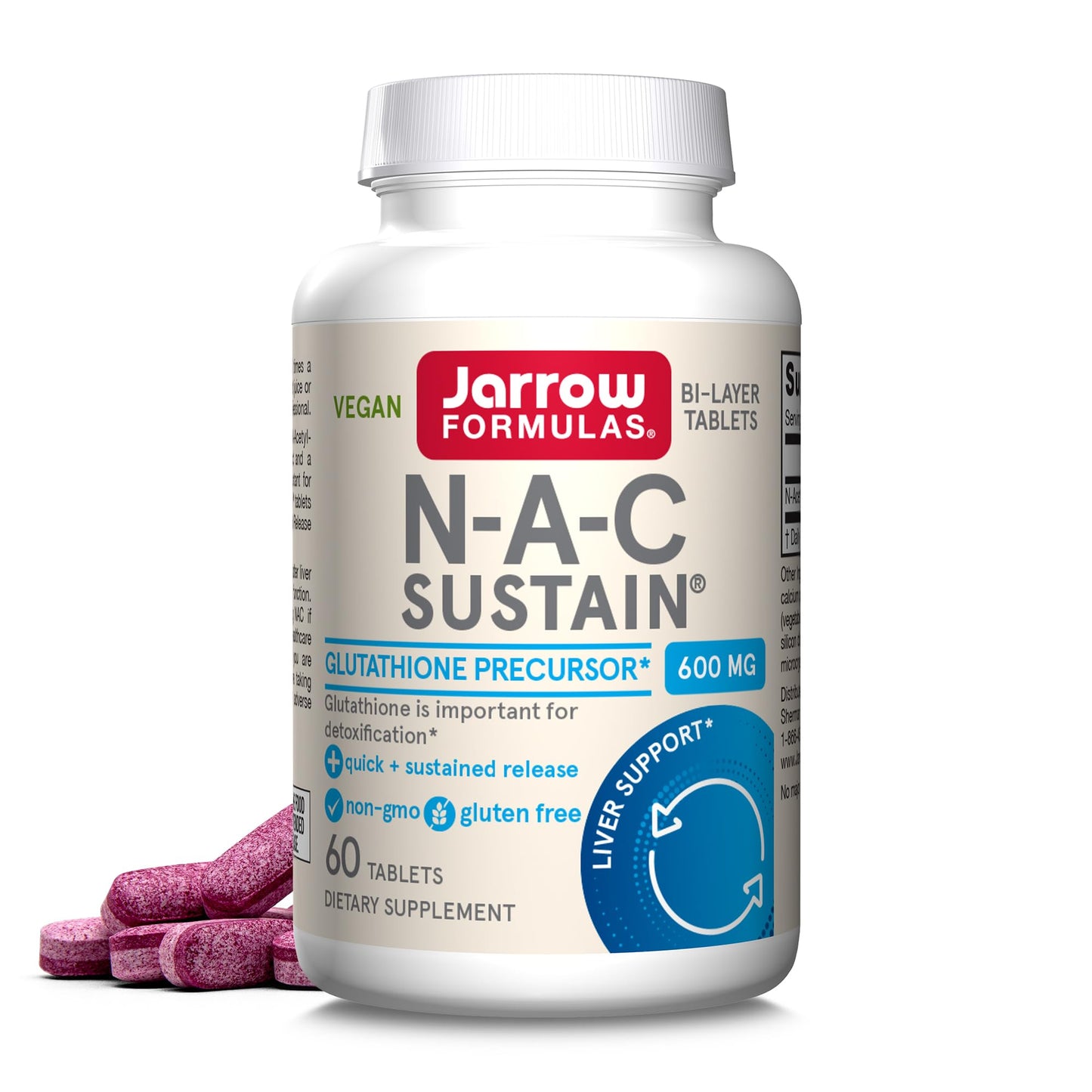 Jarrow Formulas N-A-C Sustain 600 mg, Dietary Supplement, Amino Acid Support for Liver Health and Antioxidants, 60 Tablets, 60 Day Supply