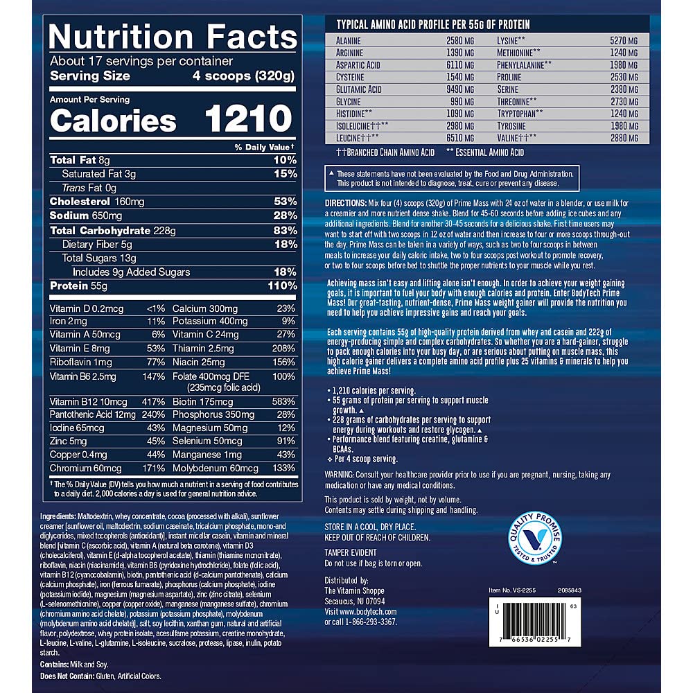 BodyTech Prime Mass- Chocolate (12 lbs./17 Servings)