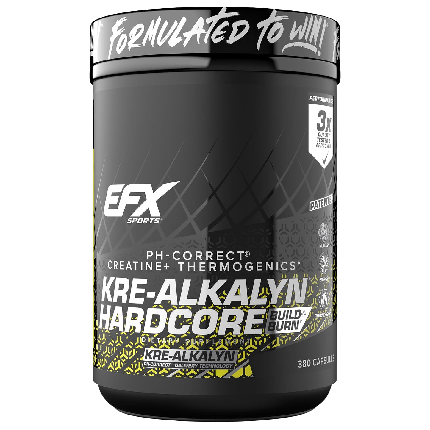EFX Sports Kre-Alkalyn Hardcore | Thermogenic pH Correct Creatine Monohydrate Pill Supplement | Energy & Strength Pre Workout | 126 Servings, 380 Capsules