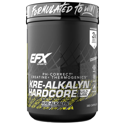 EFX Sports Kre-Alkalyn Hardcore | Thermogenic pH Correct Creatine Monohydrate Pill Supplement | Energy & Strength Pre Workout | 126 Servings, 380 Capsules