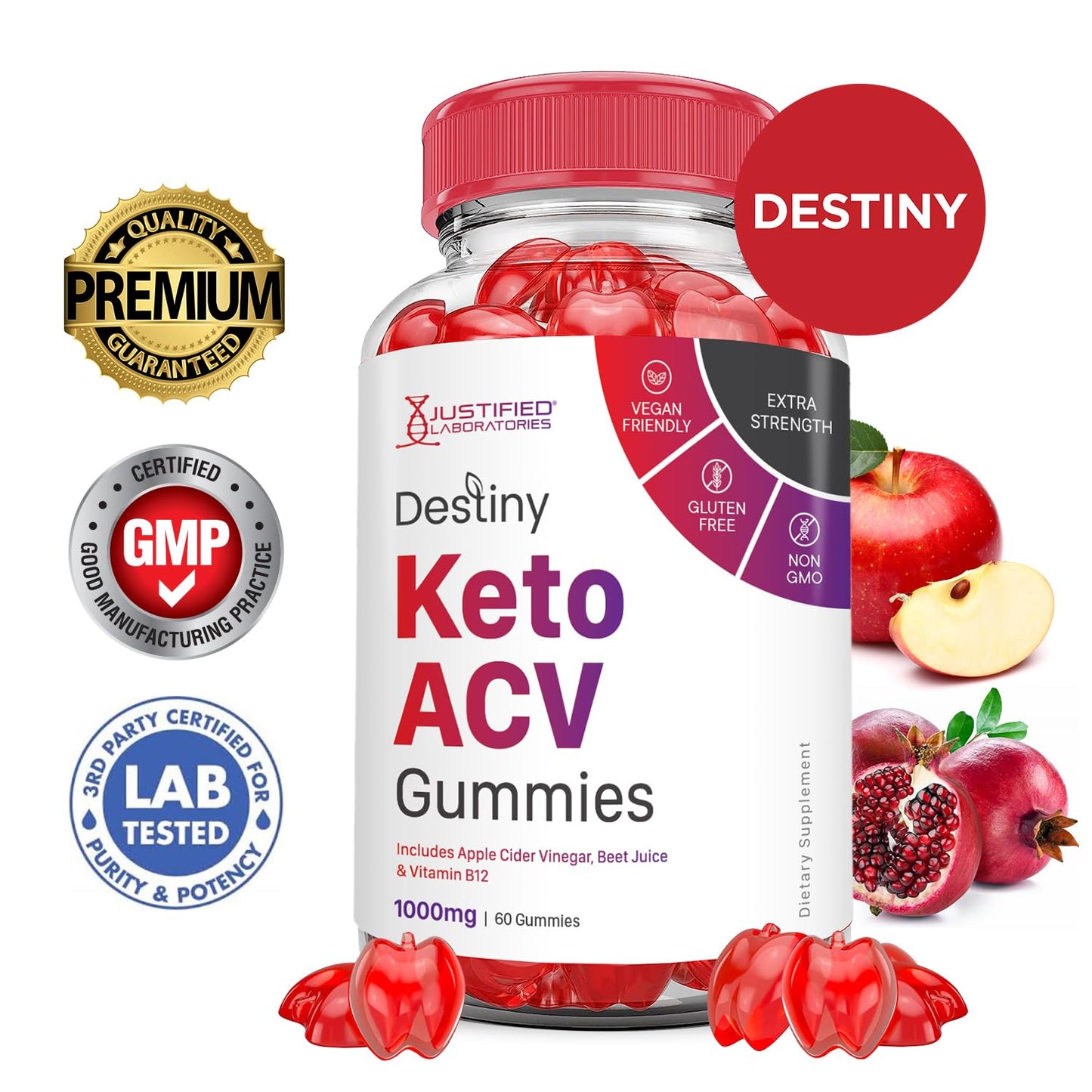(5 Pack) Destiny Keto ACV Gummies Advanced Formula 1000MG Destiny Keto Gummies Apple Cider Vinegar Formulated with Pomegranate Beet Juice Powder B12 Vegan Non GMO 300 Gummys