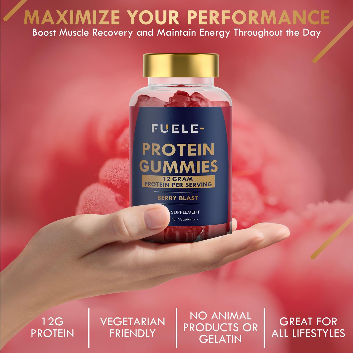 FUELE+ Whey Protein Gummies - Mixed Berry Flavour, 12g High Protein per Serving - Protein Powder Alternative, No Added Sugar, Vegetarian, Convenient Whey Protein Supplement, Muscle Recovery