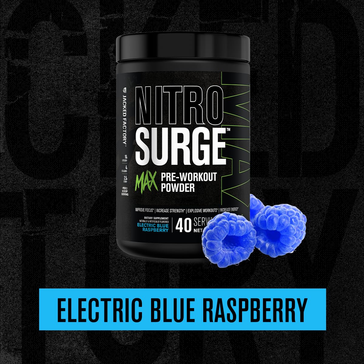 Jacked Factory Nitrosurge Max High Performance Pre Workout Powder - Pre Workout w/Nootropic Ingredients for Intense Focus, Pumps, Smooth Energy, Endurance - 40 Servings, Electric Blue Raspberry