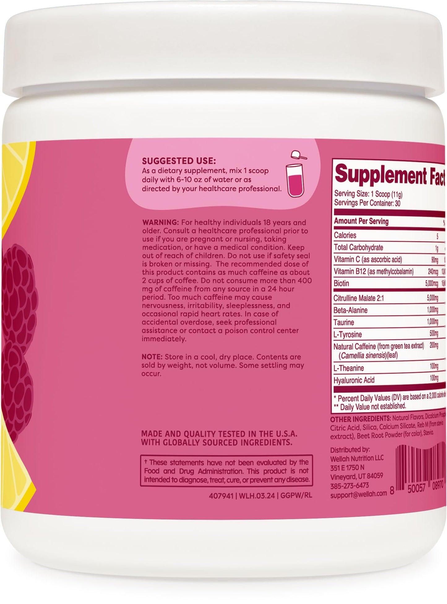 Wellah Get-Going Pre-Workout Drink Mix (Raspberry Lemonade Flavored, 30 Servings)