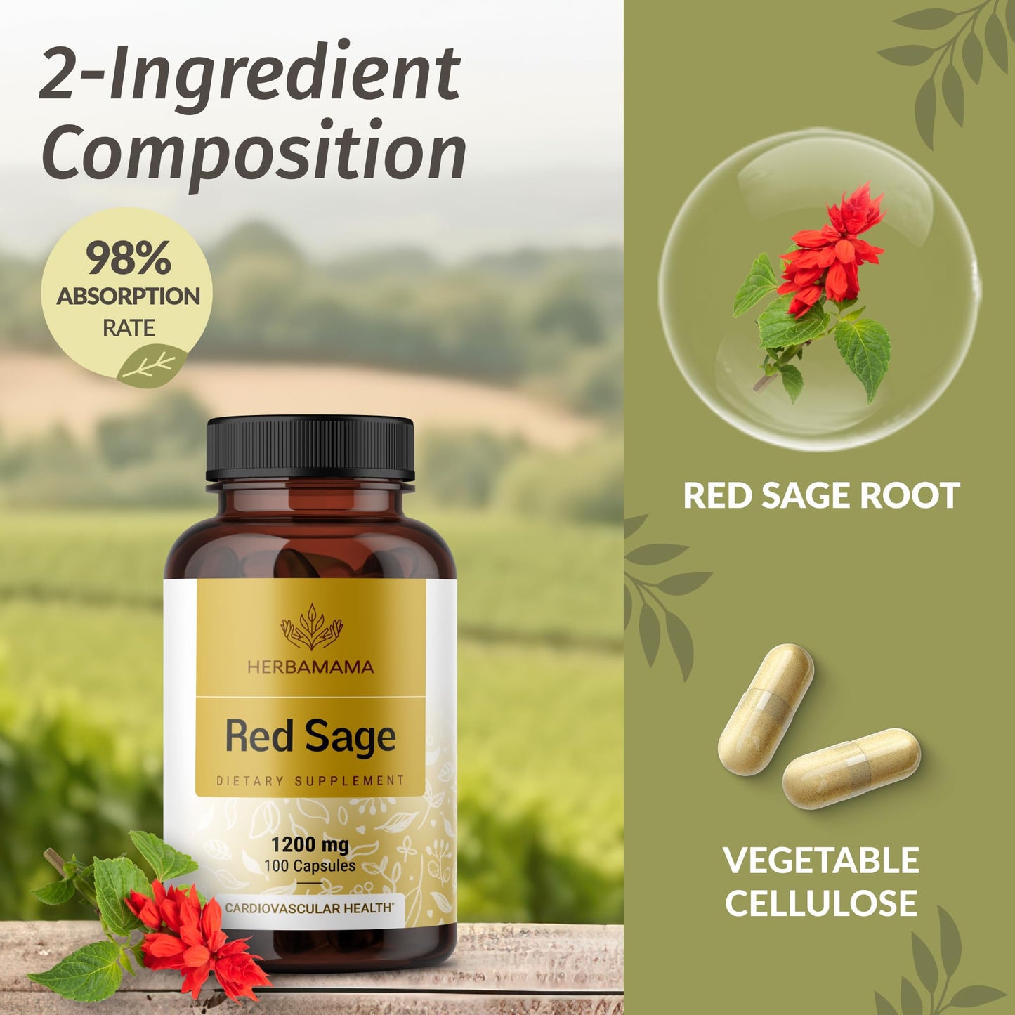 HERBAMAMA Red Sage Capsules - 1200mg Red Sage Root (Dan Shen) for Liver Detox & Antioxidant Support - Vegan, Non-GMO Salvia Miltiorrhiza Antioxidant Supplement, 100 Caps