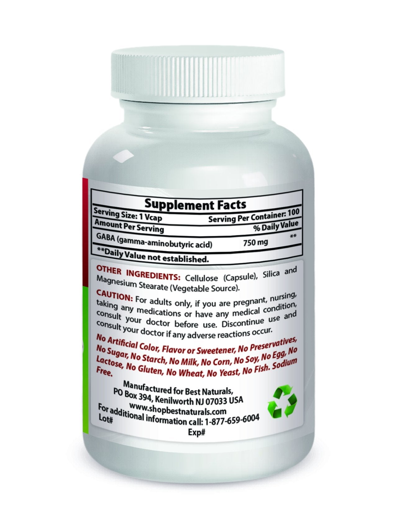Best Naturals Gaba 750 mg 100 Veggie Caps