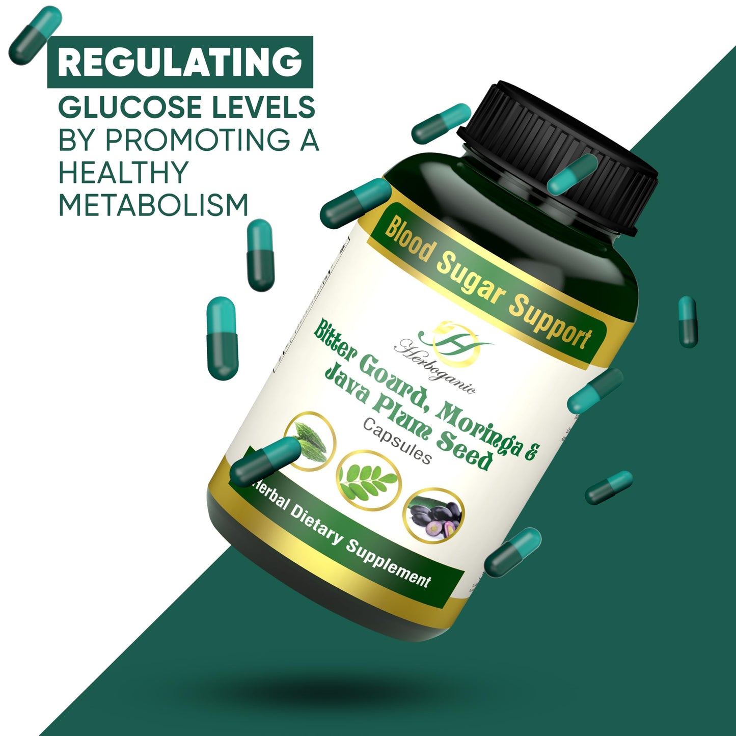 HERBOGANIC Bitter Gourd Moringa and Java Plum Seed Capsules | 500mg |All Natural Detoxification | 60 Capsules