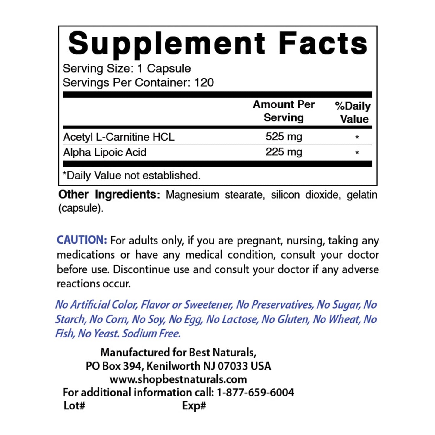 Best Naturals Acetyl L-Carnitine and Alpha Lipoic Acid 750 mg 120 Capsules (120 Count (Pack of 2))