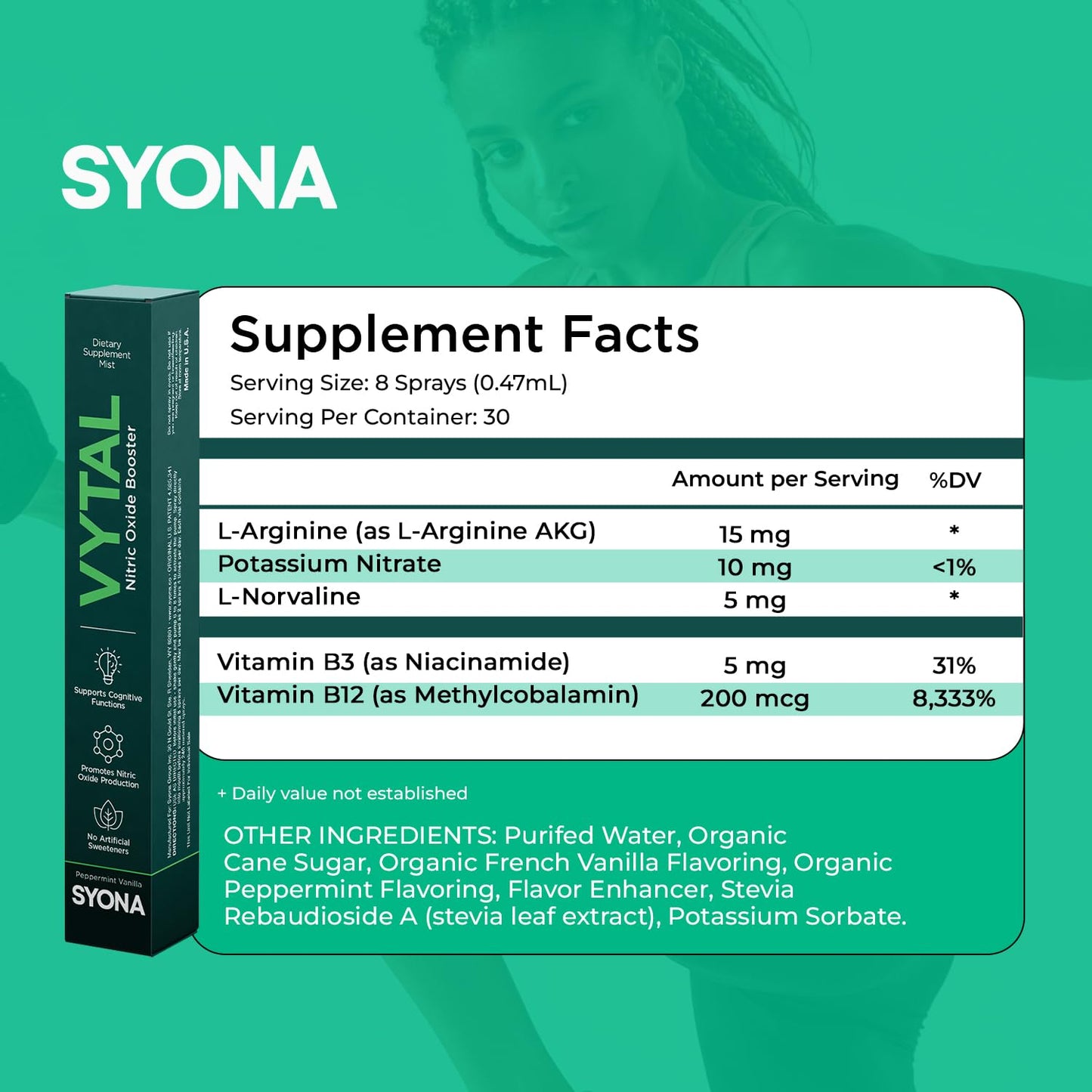 SYONA - VYTAL - Nitric Oxide Boosting Spray - Cardiovascular and Cognitive - Peppermint and Vanilla Flavor - B12, B3, L-Arginine - 14ml Pump Bottle