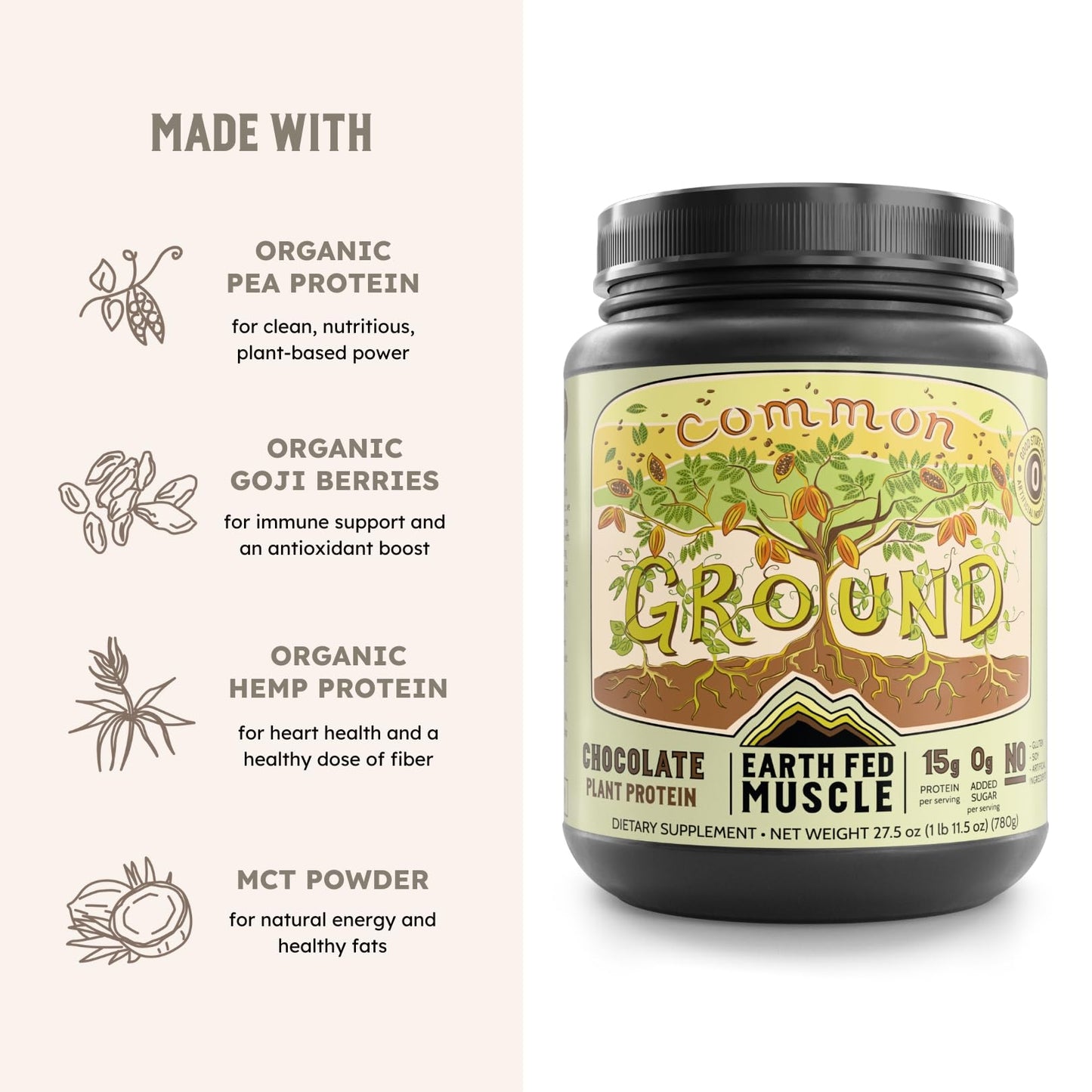 Earth Fed Muscle Common Ground Vegan Protein Powder, Chocolate Plant Based Protein with Organic Cocoa Powder & MCT Oil - Soy Free, Gluten Free, Zero Added Sugar, Keto - 30 Servings