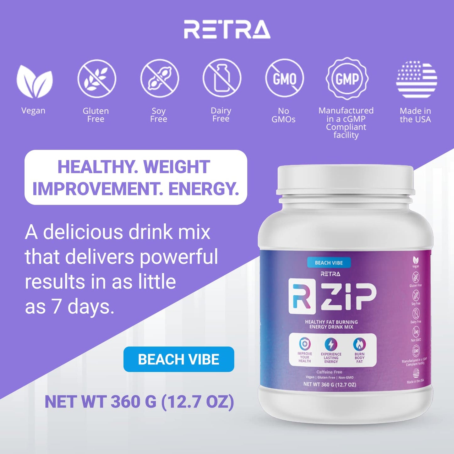 RETRA Cleanse Zip Canister - Beach Vibe (Mango Pineapple Flavor) Caffeine Free - 2.07 Ounce