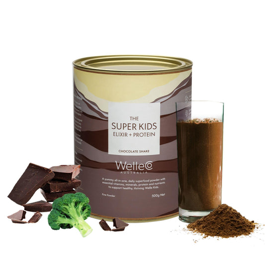 WelleCo The Super Kids Elixir Vegan Protein Powder Chocolate Shake with Prebiotics and Probiotics, Real Fruits & Veggies, Supports Cognitive Function, Immunity & Energy, for Kids Ages 4+, 17.6 oz Tin