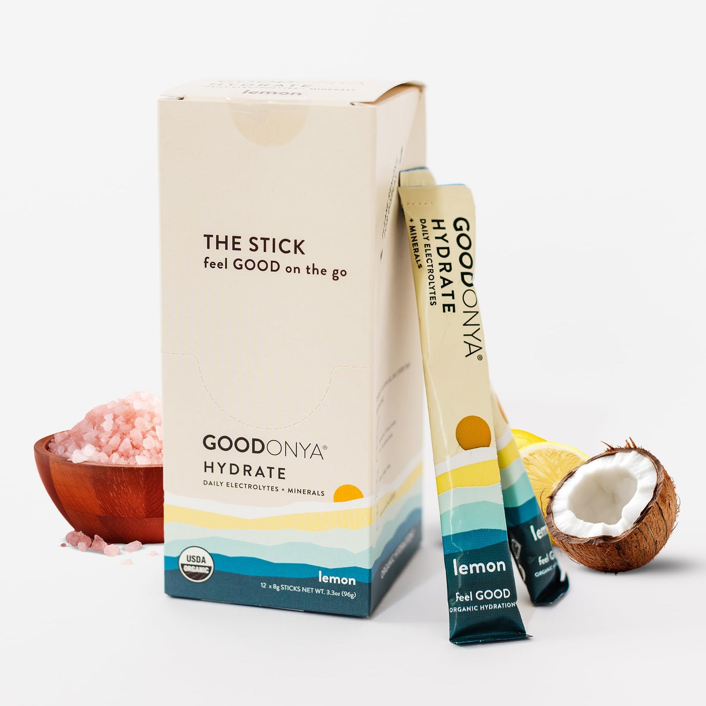 GOODONYA Organic Hydration - Electrolyte Powder Packets | Lemon, Coconut Water, Magnesium, Himalayan Pink Salt | Only 1g Sugar, No Artificial Flavors | USDA Organic & Plant-Based | 12 Stick Packs