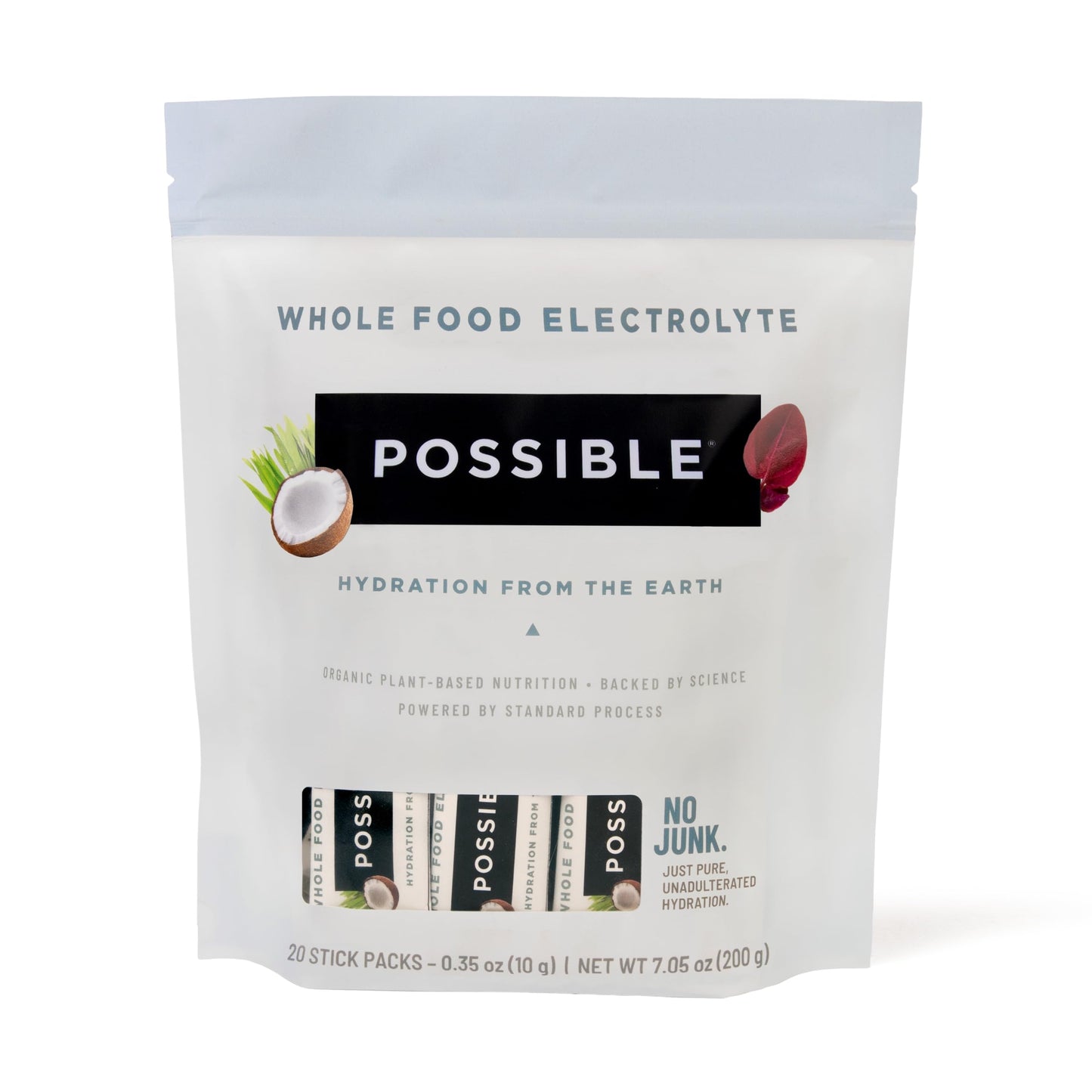 POSSIBLE Whole Food Electrolyte - Powder Drink Mix for Pre-Workout, Post-Workout & Everyday Hydration - Vegan, Plant-Based Wellness - Gluten-Free, USDA Organic - Clean Label - 20 Stick Packs
