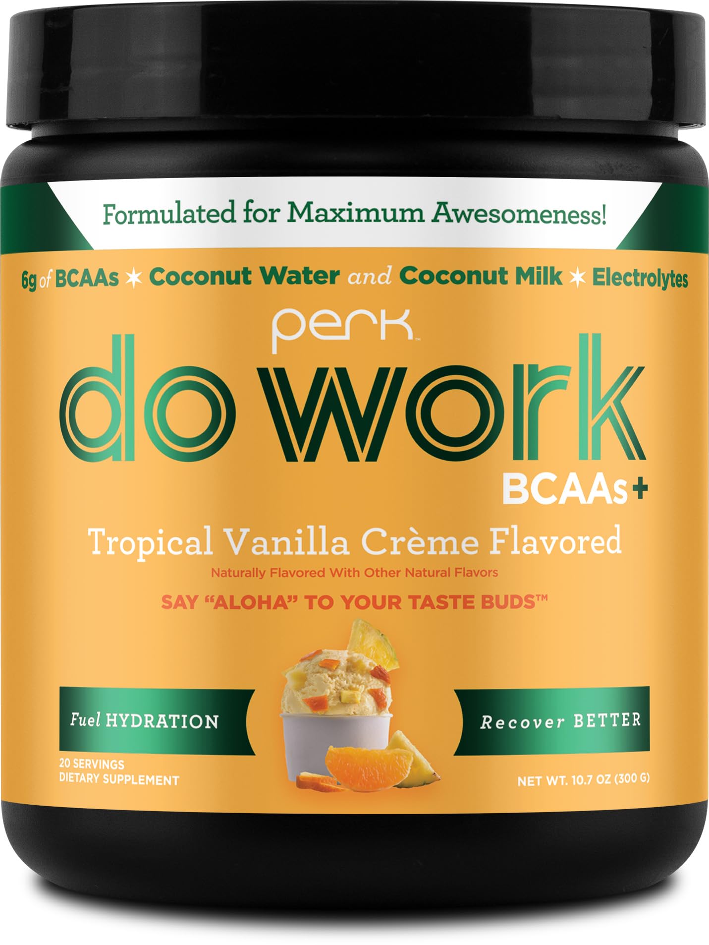 Perk Do Work BCAAs (Tropical Vanilla Créme Flavored, 20 Servings) - BCAA & Hydration Electrolytes Powder with Coconut Water & Coconut Milk
