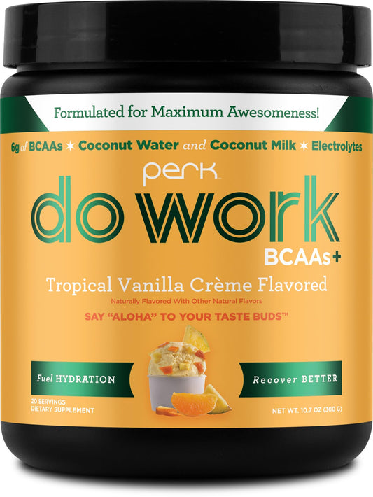 Perk Do Work BCAAs (Tropical Vanilla Créme Flavored, 20 Servings) - BCAA & Hydration Electrolytes Powder with Coconut Water & Coconut Milk