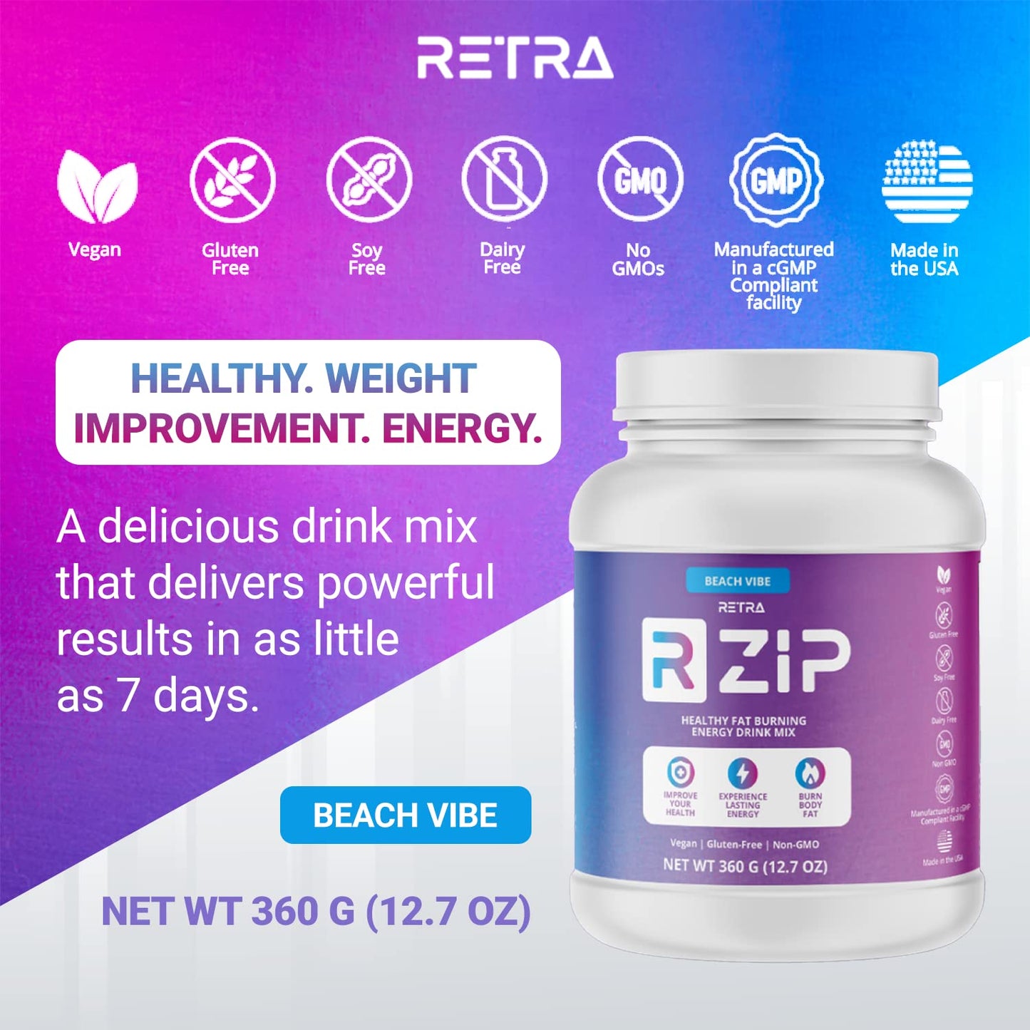 RETRA Detox Cleanse Zip Canister - Vegan and Gluten Free Energy Drink Mix to Support an Already Healthy Immune System to Improve Gut Health and Mood - Beach Vibe Flavor - 12.7 Ounce