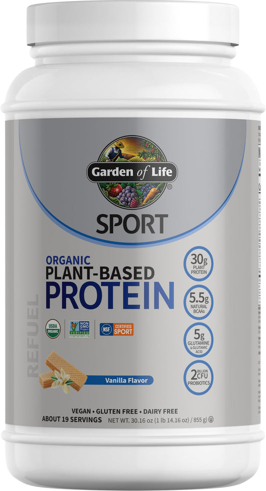 Organic Vegan Protein Powder, Vanilla Protein Powder with Probiotics, BCAAs, 30g Plant Protein, NSF Certified, Gluten Free & Sport, Non GMO, Garden of Life Sport Protein Powder - 19 Servings