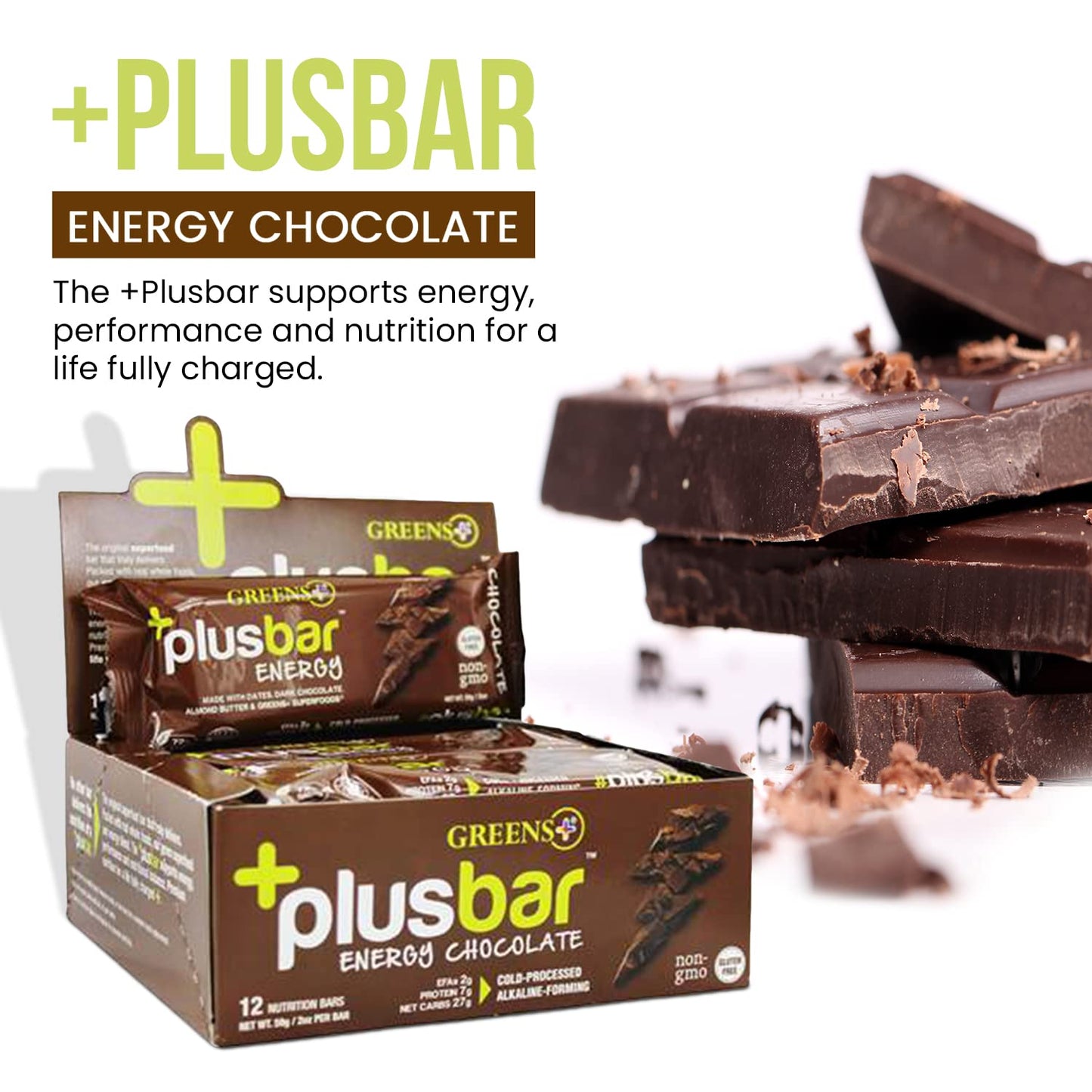 Greens Plusbar Energy Bars Chocolate Gluten Free Healthy Snacks with Organic Super Greens Superfoods  Dark Chocolate Vegan Dairy Free  Non GMO 8g Protein Meal Replacement Bars 12 Bars