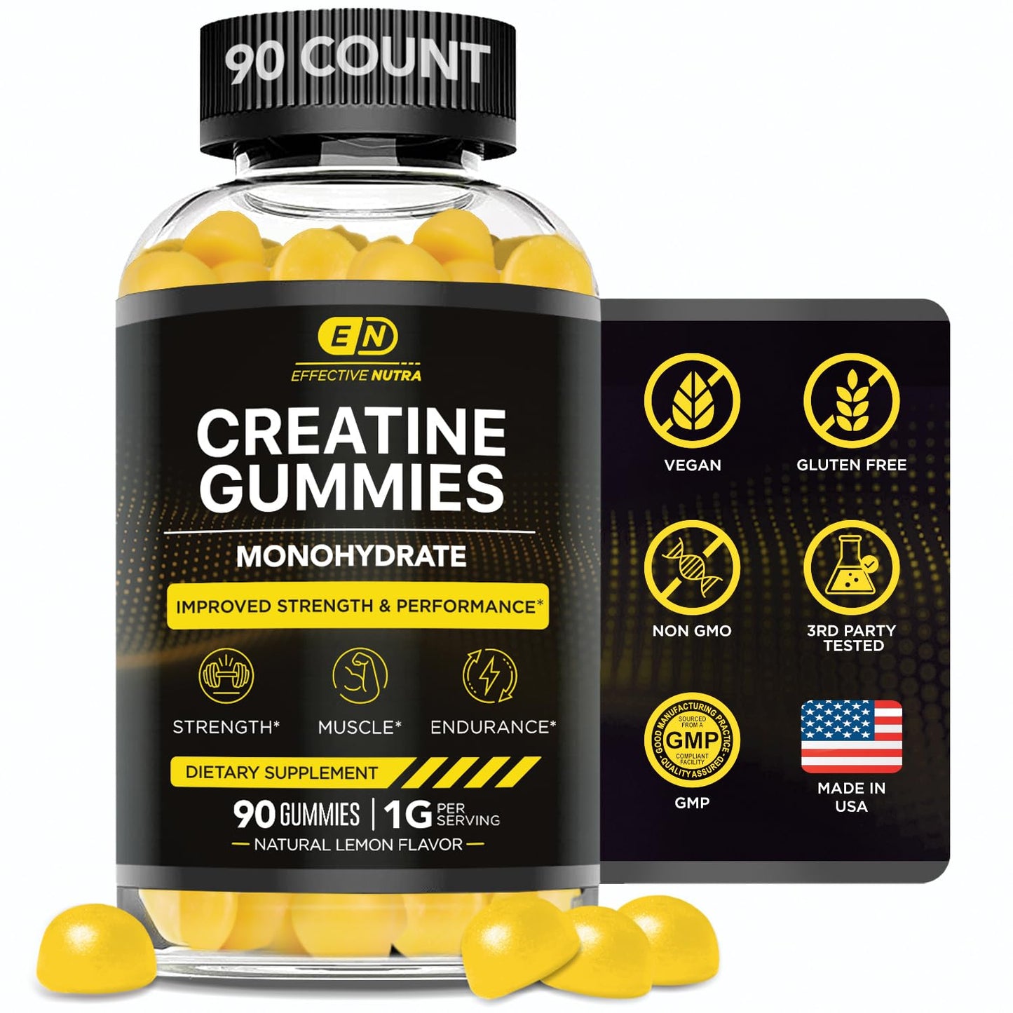 EFFECTIVE NUTRA Creatine Monohydrate Gummies | 1g Per Gummy | Vegan Creatine Gummies Supplement for Men & Women | Strength, Muscle Growth, Energy, Endurance | Natural Lemon Flavor, Made in USA (90ct)