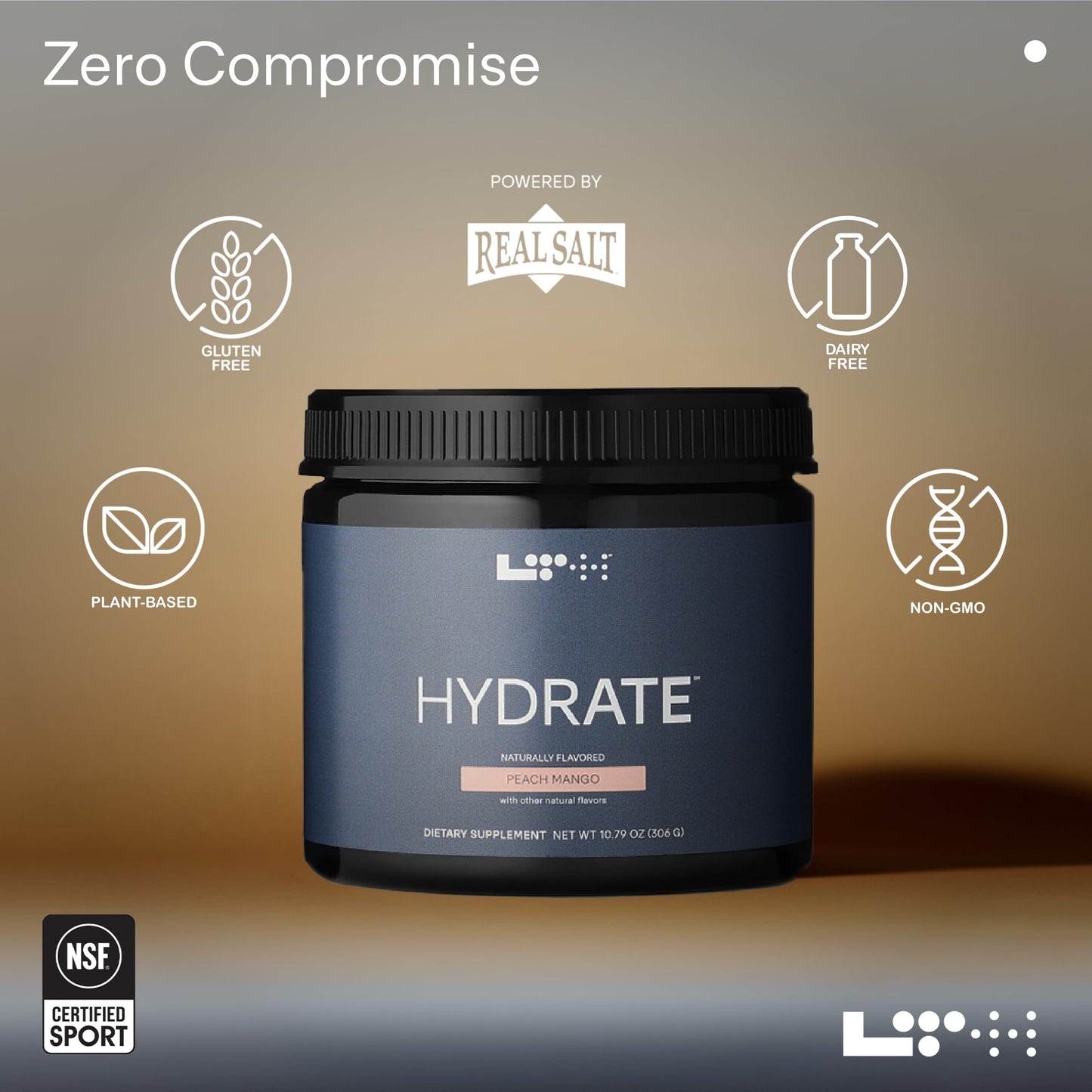 LTH Hydrate Hydration Mix - NSF Certified for Sport - Premium Electrolyte Powder - with Redmond Real Salt - Plant-Based, Non-GMO, Gluten Free & Dairy Free - 60 Servings (Peach Mango)