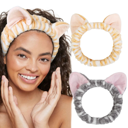 TEBIEKOY Plush Cat Ears Spa Headband For Washing Face Skincare Makeup, Elastic Animal Headbands for Women Girls Soft Coral Fleece Facial Wash Hair Accessories Trendy Stuff Gifts, 2PCS