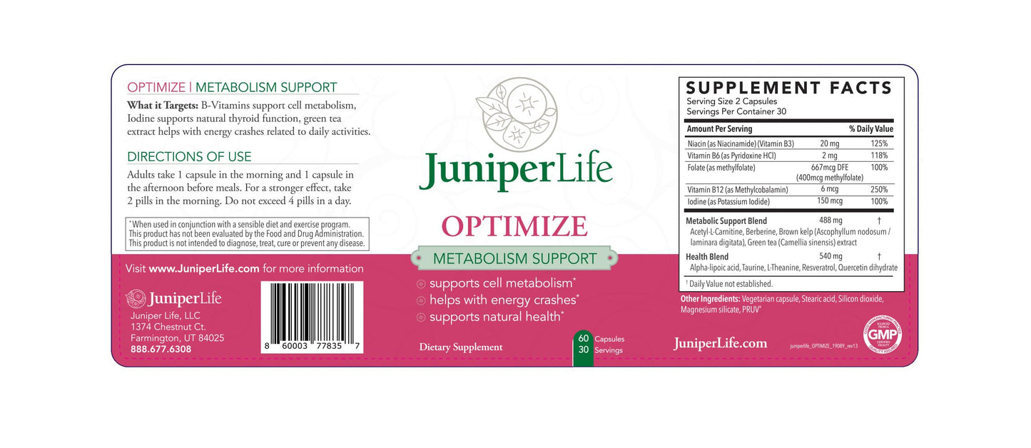 JuniperLIfe OPTIMIZE w/Berberine, Acetyl l-carnitine, Theanine, Alpha-lipoic Acid, Quercitin, and Taurine. | Thyroid Support, Antioxidant Support, Cholesterol Support, Memory Support, Energy Support