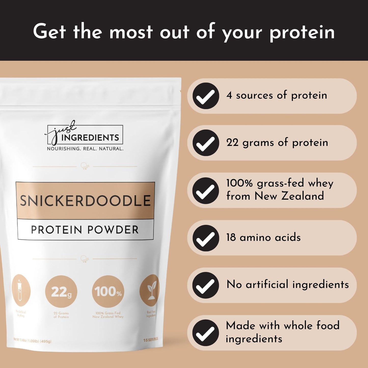 Just Ingredients Protein Powder | Snickerdoodle Protein Powder Made With 100% Grass Fed, Non Denatured Whey | Four Different Protein Sources | Organic Whole Food Ingredients | 15 Serving | 22g protein