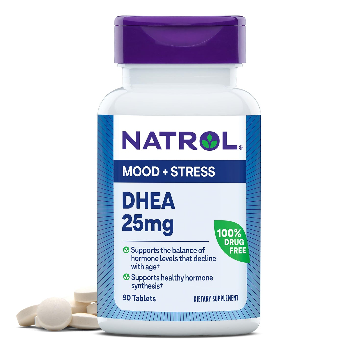 Natrol Mood & Stress DHEA 25mg, Supplement for Balance of Hormone Level, 90 Tablets, 90 Day Supply