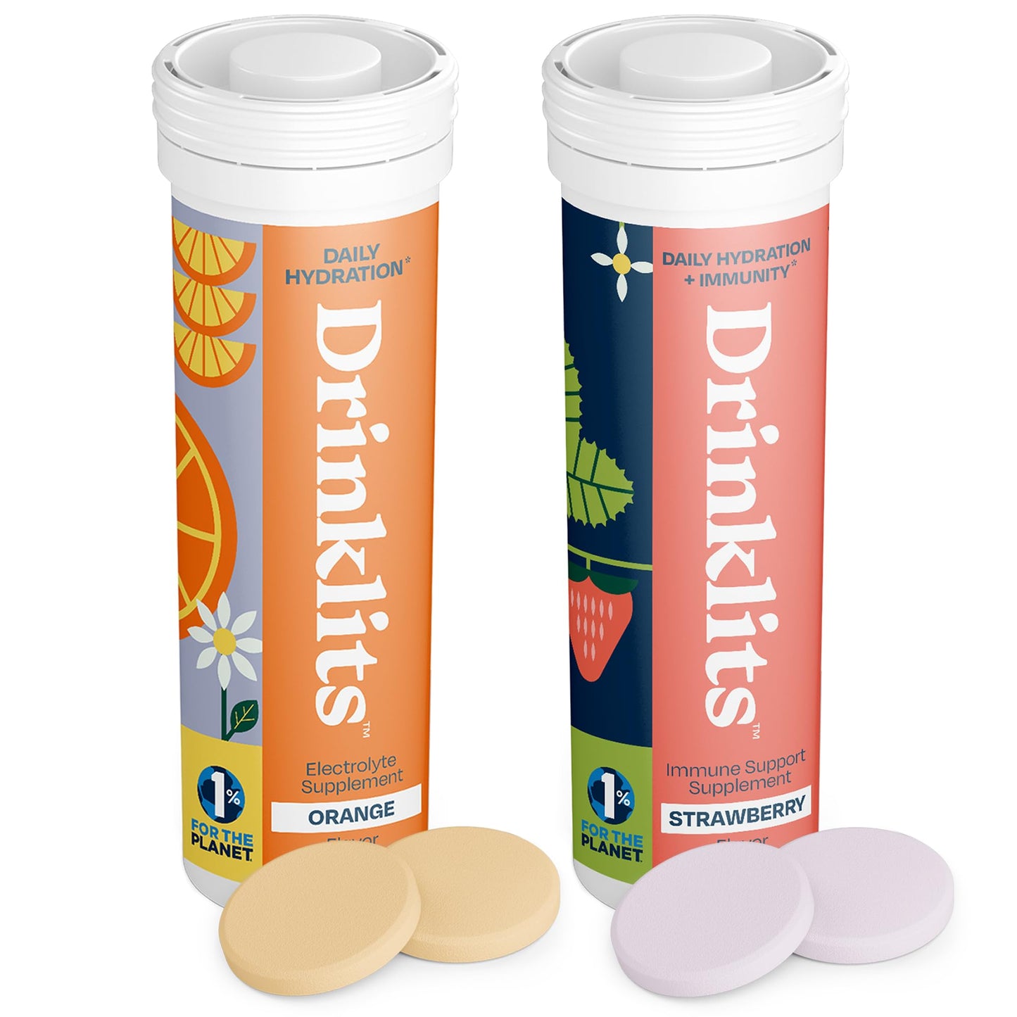Drinklits Orange Daily Hydration Tablets + Strawberry Immunity Tablets (2) Tube Pack | Essential Electrolytes - Great Taste - Immune Support | 20 Servings (10 Tablets Per Tube)