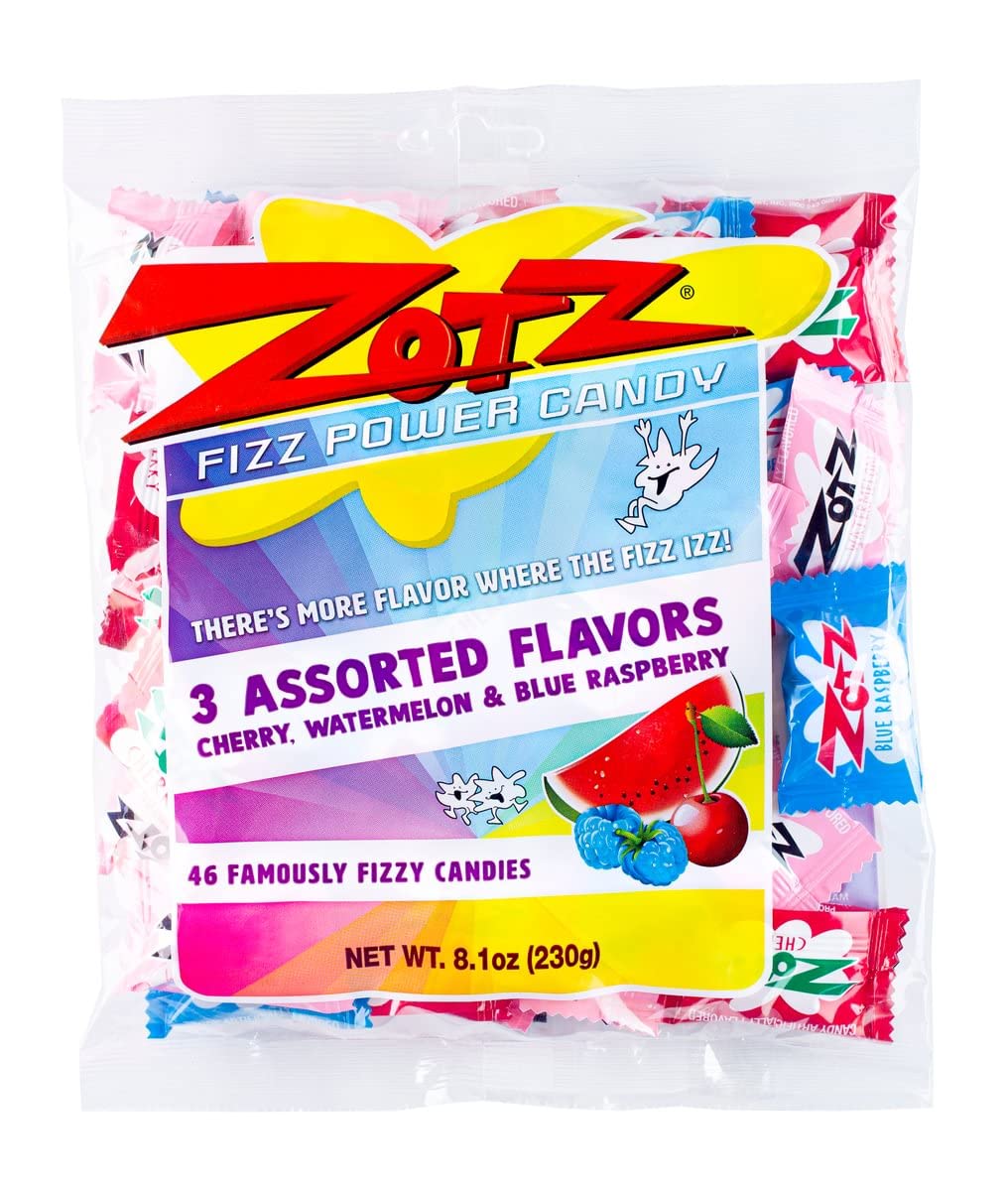 Zotz Fizz Power Candy Assorted  Fruit Flavored Hard Candy with a Fizzy Center  230g Bag Single Pack  Cherry Watermelon  Blue Raspberry  GlutenFree